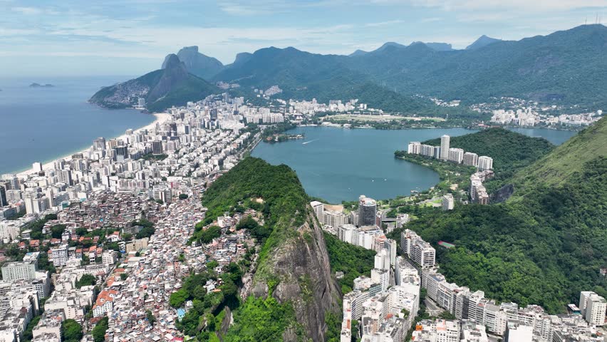 Rodrigo De Freitas Lagoon At Downtown City Rio De Janeiro Brazil. Aerial View Of A Bustling Downtown Cityscape With Modern Buildings. Town Sky Backgrounds Urban. Backgrounds Downtown Panoramic City.