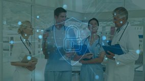 Medical professionals discussing patient care with cybersecurity animation over them. Healthcare, collaboration, technology, data protection - Powered by Shutterstock - Get 15% off with code: PIKWIZARD15