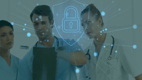 Discussing patient data, medical professionals with cybersecurity lock animation over them. healthcare, data protection, information security, technology, healthcare workers - Powered by Shutterstock - Get 15% off with code: PIKWIZARD15