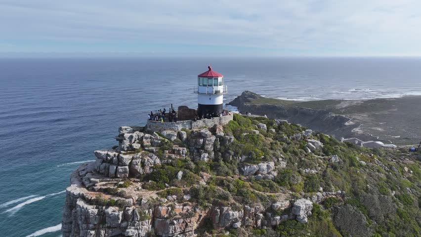 Cape Point Lighthouse At Cape Town Western Cape South Africa. Aerial View Of A Bustling Ligthhouse In A Coast City. Island Life Skyline Peaceful Beauty. Peaceful Waterfront Shore.