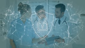 Reviewing patient information, doctors with cybersecurity lock animation over network connections. Healthcare, data protection, privacy, medical, network security, digital security - Powered by Shutterstock - Get 15% off with code: PIKWIZARD15