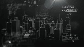Animated mathematical equations over wireframe cityscape on dark background. Technology, innovation, mathematics, computation, futuristic, digital - Powered by Shutterstock - Get 15% off with code: PIKWIZARD15