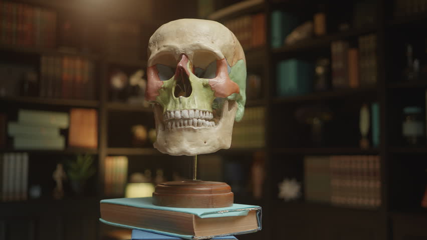Anatomical human skull model rotating on stacked books, interactive learning experience. Clear representation of the skull for students and proffesionals. Clinical training. High quality 4k footage