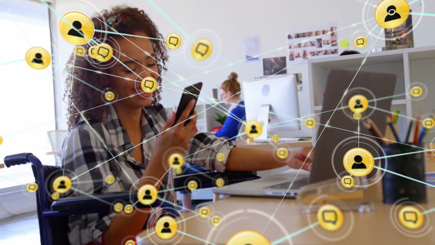 Network of connections and social media icons animation over woman working on laptop. Technology, networking, digital, communication - Powered by Shutterstock - Get 15% off with code: PIKWIZARD15