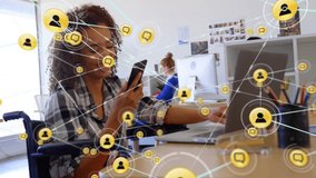 Network of connections and social media icons animation over woman working on laptop. Technology, networking, digital, communication - Powered by Shutterstock - Get 15% off with code: PIKWIZARD15