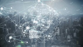 Animating network connections and data processing over cityscape. Technology, networking, connectivity, urban, communication, digital - Powered by Shutterstock - Get 15% off with code: PIKWIZARD15