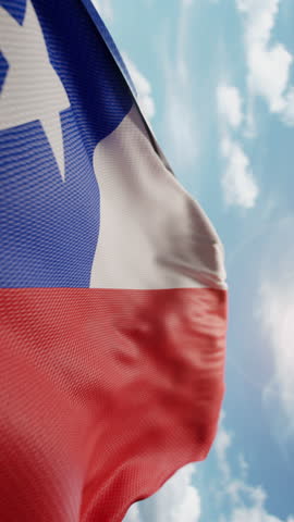 Wavy flag of Chile blowing in the wind in slow motion. Waving colorful Chilean flag team symbol abstract vertical background. Blue sky with clouds. World countries flying flags concept