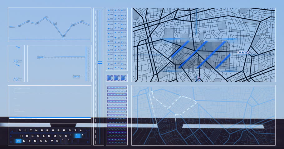 Digital map and data analysis animation over urban planning interface. technology, mapping, design, development