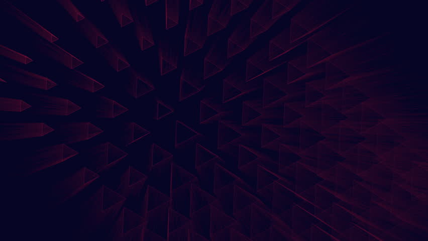 An abstract pattern in red and black depicts circular arrangement of stacked triangles, forming a visually striking and intricate composition