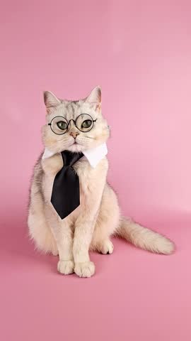 A funny white business cat in a black tie and glasses, on a pink background