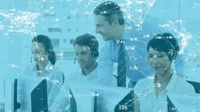 Network of connections and data processing animation over diverse call center team. Technology, teamwork, communication, customer service, diversity, connectivity - Powered by Shutterstock - Get 15% off with code: PIKWIZARD15