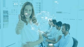 Animating network connections and data processing over customer service team in office. Technology, communication, teamwork, networking, customer support, business - Powered by Shutterstock - Get 15% off with code: PIKWIZARD15