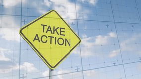 Take Action sign animation over grid and cloudy sky background. Motivation, inspiration, call to action, leadership, encouragement, determination - Powered by Shutterstock - Get 15% off with code: PIKWIZARD15