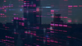 Animating DNA sequencing over cityscape with skyscrapers. Biotechnology, genetics, research, innovation, urban, futuristic - Powered by Shutterstock - Get 15% off with code: PIKWIZARD15