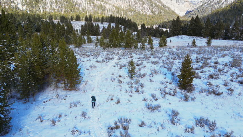 Drone Woman Skiis on Montana Trail Towards Mountains