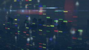 Animating DNA sequencing over city skyline at night. Biotechnology, genetics, innovation, science, technology, urban - Powered by Shutterstock - Get 15% off with code: PIKWIZARD15