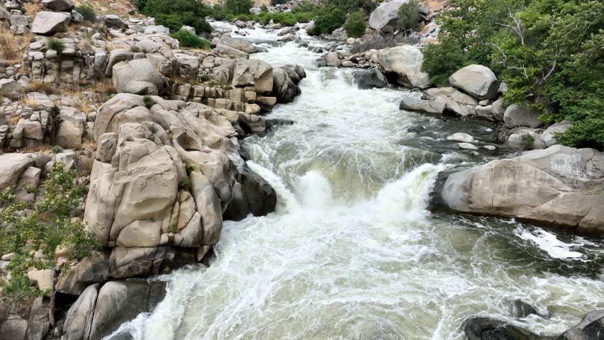 Aerial shot of river rapids on the Kern River in the Southern Sierra Nevada Mountains in California.