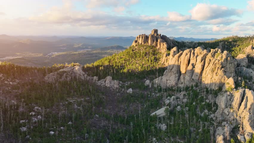 Aerial of the amazing landscape of the Black Hills in South Dakota at sunset.