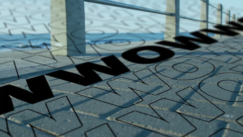 Wow text animation over pavement with geometric patterns near railing. Urban, typography, street art, graphic design, installation, modern