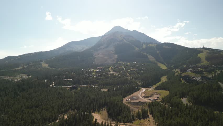 Aerial over Montana Big Sky Ski Resort in summer