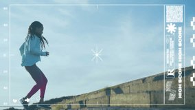 Targeting reticle and high score animation over stone steps and blue sky. aiming, gaming, stairs, outdoor - Powered by Shutterstock - Get 15% off with code: PIKWIZARD15