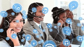 Using headsets, customer service representatives with social media icons animation overhead. Support, technology, telecommunication, business, office, digital - Powered by Shutterstock - Get 15% off with code: PIKWIZARD15