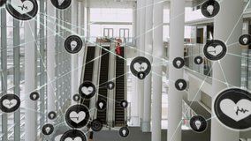 Heart rate and health data animation over people in modern office building. Technology, analytics, innovation, workplace, monitoring, business - Powered by Shutterstock - Get 15% off with code: PIKWIZARD15