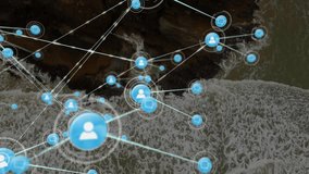 Network of connections and data processing animation over ocean waves and rocks. Technology, connectivity, digital - Powered by Shutterstock - Get 15% off with code: PIKWIZARD15