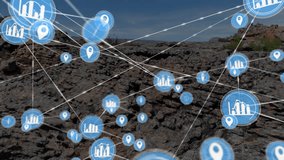 Network of connections and data processing animation over rocky landscape. Technology, communication, digital, virtual, computing - Powered by Shutterstock - Get 15% off with code: PIKWIZARD15