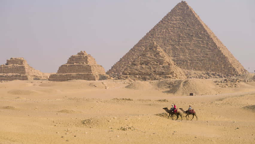 Local Men Riding Bedouin Camels Near Giza Plateau Pyramid Complex In Giza, Egypt. Wide Shot
