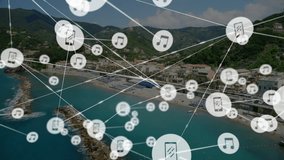 Music notes and devices animation over coastal town and beach. technology, creativity, digital, harmony, sound - Powered by Shutterstock - Get 15% off with code: PIKWIZARD15