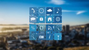 Animated app icons over blurred cityscape background. Technology, digital, user interface, urban, modern, innovation - Powered by Shutterstock - Get 15% off with code: PIKWIZARD15