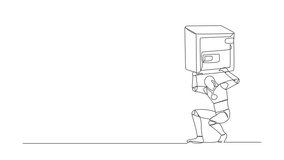 Animated self drawing of continuous line draw robot carrying safe deposit box on back. Impact in pandemic crisis, bankruptcy at tech industry. Robotic development. Full length single line animation - Powered by Shutterstock - Get 15% off with code: PIKWIZARD15
