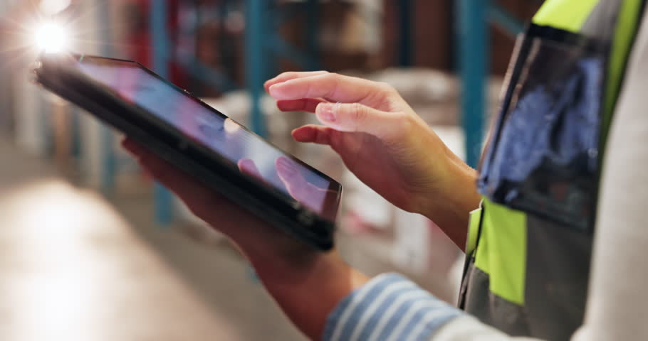Screen, person or hands on tablet in warehouse distribution for ecommerce shipping or schedule. Inspection results, delivery app and logistics worker on touchscreen to organize inventory or ecommerce