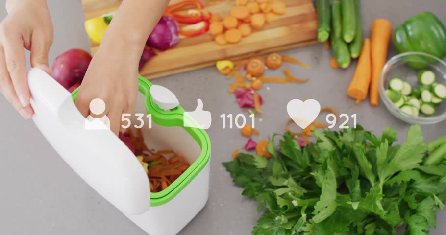 Discarding vegetable peels in kitchen, social media likes and followers animation. Recycling, waste management, sustainability, eco-friendly, environment, digital animation