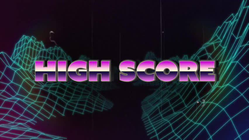 High score text animating over neon grid landscape in retro style. animated text, vintage, 1980s, background - Powered by Shutterstock - Get 15% off with code: PIKWIZARD15
