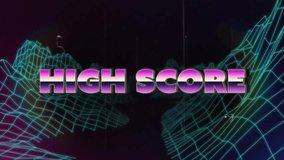 High score text animating over neon grid landscape in retro style. animated text, vintage, 1980s, background - Powered by Shutterstock - Get 15% off with code: PIKWIZARD15