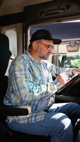 Senior truck driver sitting in truck and checking the delivery list. Vertical video
