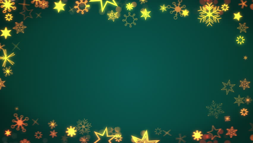 Christmas, snowflake and poster with stars for festive celebration on card, gift or mockup space. Empty graphic, animation or decor for winter holiday, new year or invitation on green background