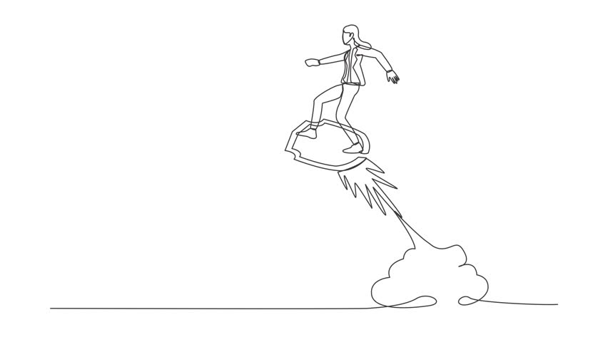 Animated self drawing of continuous line draw businesswoman riding shield rocket flying in the sky. Business security acceleration to save financial growth concept. Full length single line animation