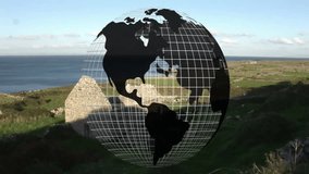 Rotating globe grid animation over coastal landscape with ancient ruins. global, technology, virtual - Powered by Shutterstock - Get 15% off with code: PIKWIZARD15
