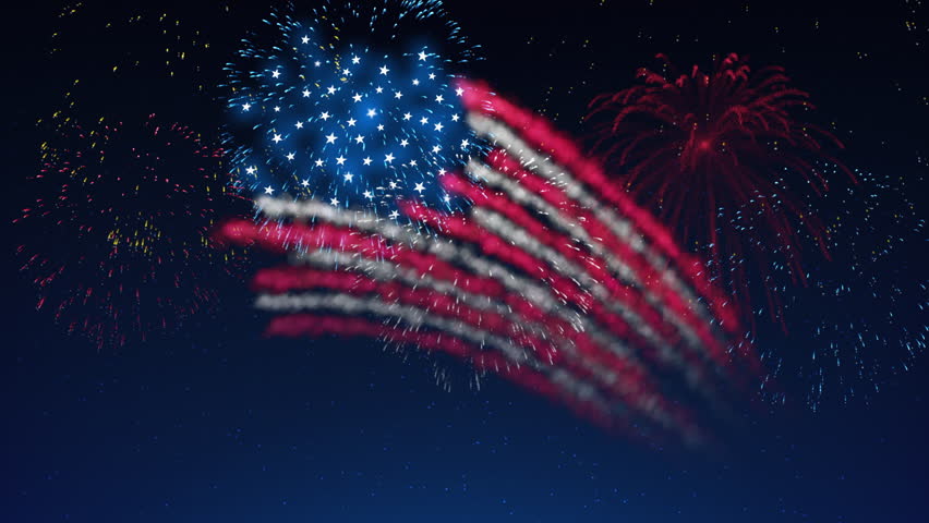 Template for veterans day, presidents day, labor, memorial, independence. Fireworks US flag. Animated template. USA national holiday. Banner. American fireworks flag on sky background. Seamless loop