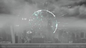 Animating digital globe with data points over cityscape background. Technology, innovation, connectivity, futuristic, network, urban - Powered by Shutterstock - Get 15% off with code: PIKWIZARD15