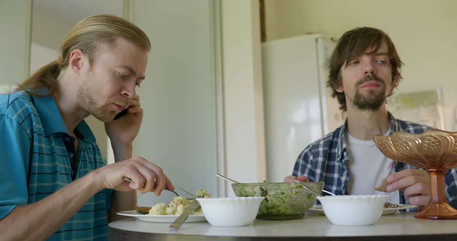 White Caucasian Man Eat Healthy Food Vegetarian Meal at Kitchen. Slow motion 60fps 4K 10-bit