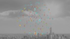 Forming sphere, colorful app icons animating over cityscape background. Technology, digital, innovation, futuristic, urban, skyline - Powered by Shutterstock - Get 15% off with code: PIKWIZARD15
