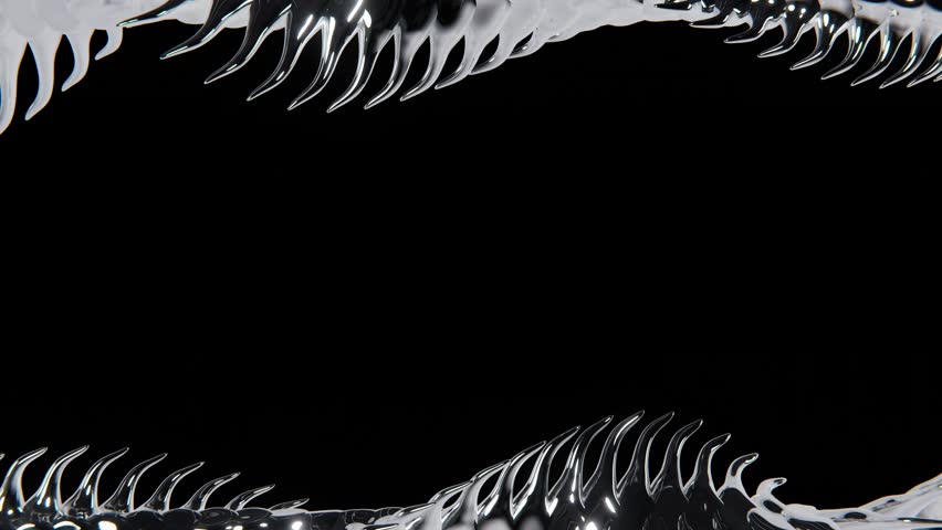Abstract 3d elements horizontal frame darkness effect bakground metallic liquid chrome steel silver reptile dragon snake spine spikes futuristic shape wallpaper endless loop animation 4K 30 fps