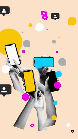 Many human hands with mobile phones and social media icons, likes and followers. Media addiction. Stop motion, animation. Concept of social media, influence, online business, communication