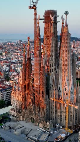 vertical video of sunrise in Barcelona, aerial sunrise view in Barcelona, Spain