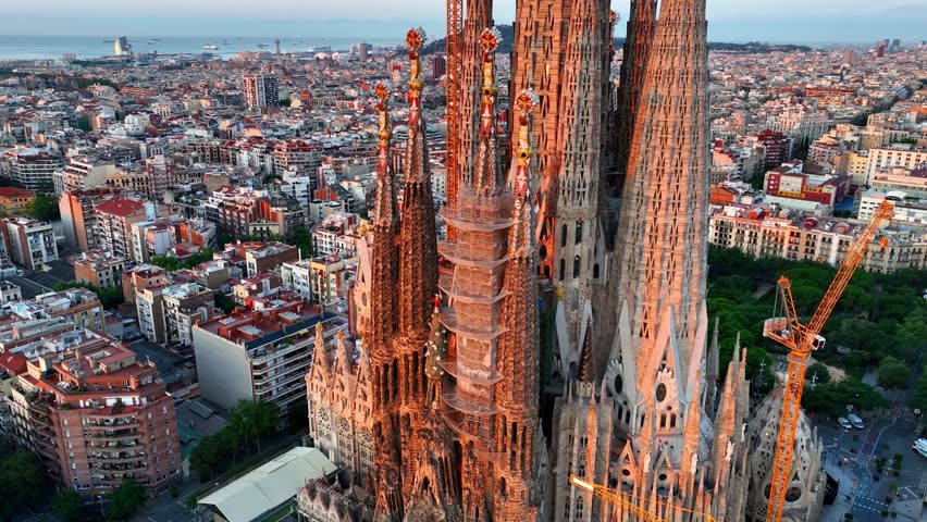 sunrise in Barcelona, aerial Barcelona, Spain, famous landmark in Barcelona 