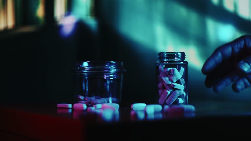 Person taking pills and abusing medications, overdosing on painkillers